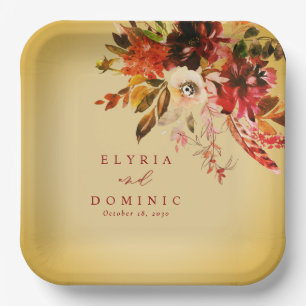 Fall Floral Bouquet Elegant Gold Washed Wedding Paper Plates