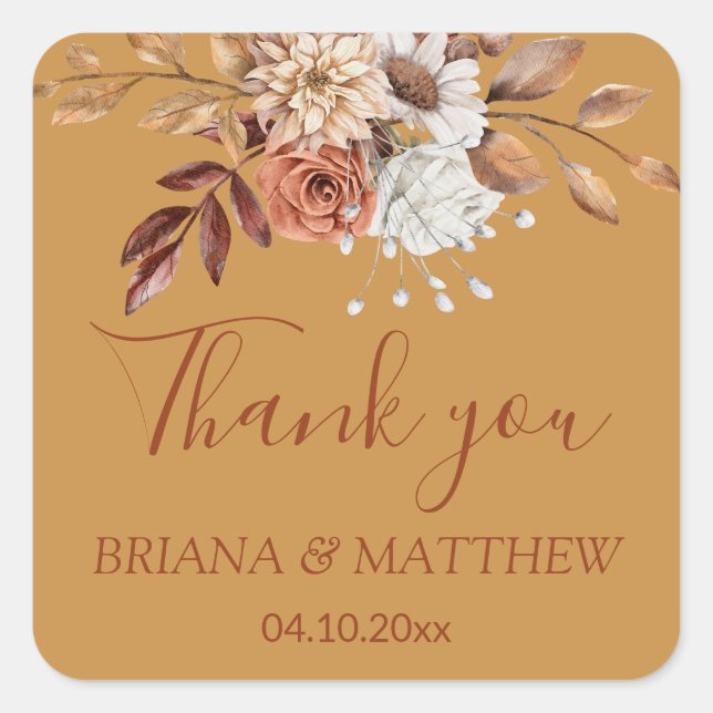 Fall Floral Bouquet Gold Favor Square Sticker (Front)