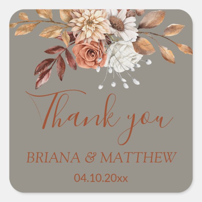 Fall Floral Bouquet Gray Favor Square Sticker (Front)