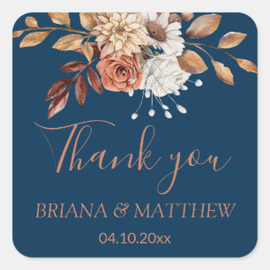 Fall Floral Bouquet Navy Blue Favor Square Sticker