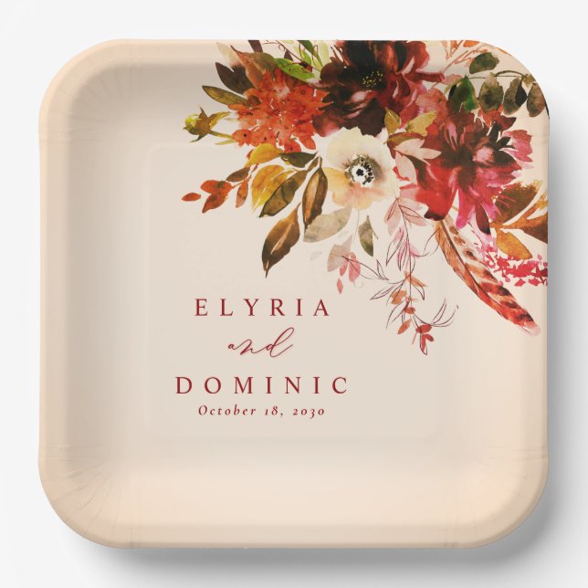 Fall Floral Bouquet Over Blushed Ivory Wedding Paper Plates (Front)
