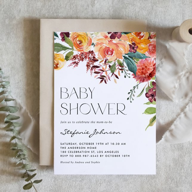 Fall Floral Bouquet QR Code Baby Shower Invitation (Watercolor Fall Floral Bouquet QR Code Baby Shower Invitation)