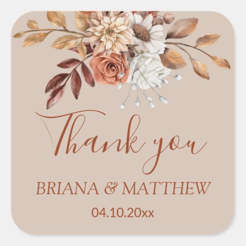 Fall Floral Bouquet Taupe Favor Square Sticker