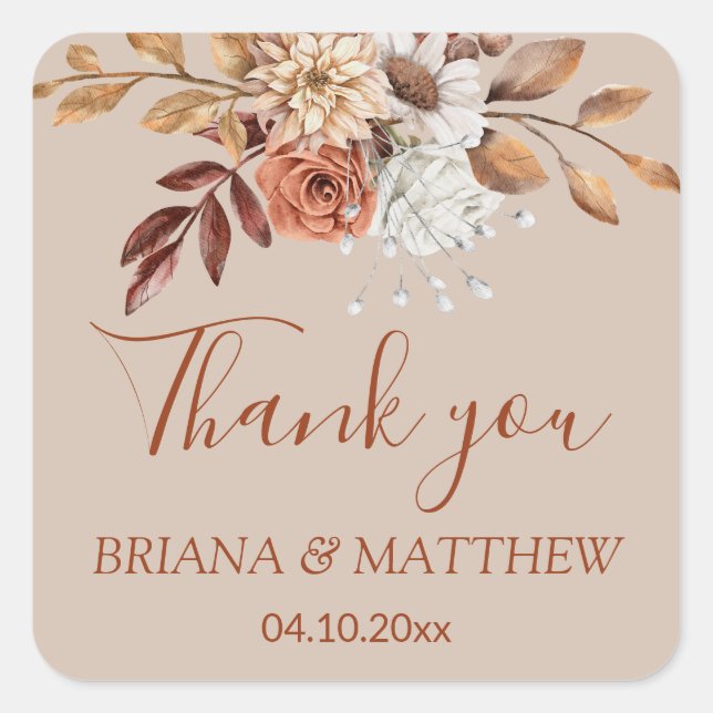 Fall Floral Bouquet Taupe Favor Square Sticker (Front)