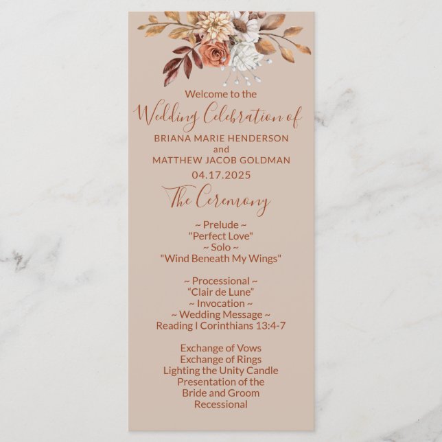 Fall Floral Bouquet Taupe Wedding Program (Front)