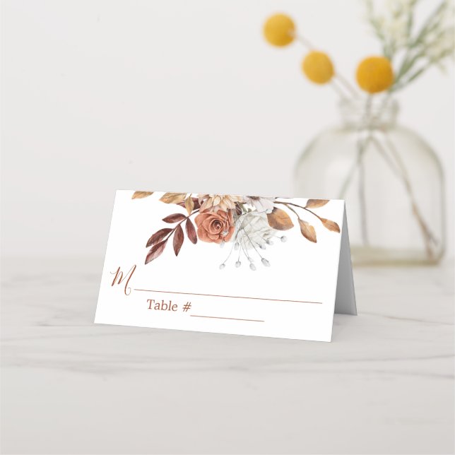 Fall Floral Bouquet White Wedding Place Card (Front)
