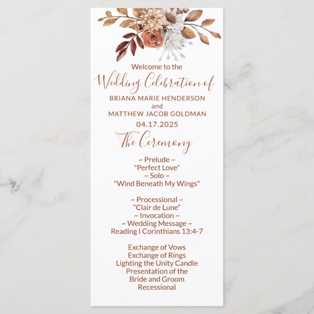 Fall Floral Bouquet White Wedding Program (Front)