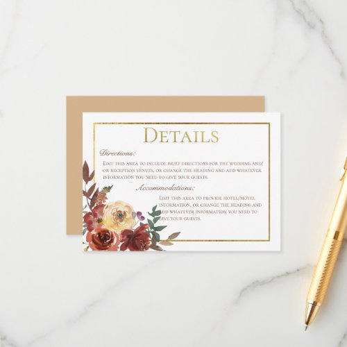 Fall Floral Bouquet with Gold Details Wedding Enclosure Card