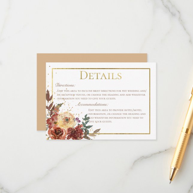 Fall Floral Bouquet with Gold Wedding Details Enclosure Card (Front/Back In Situ)