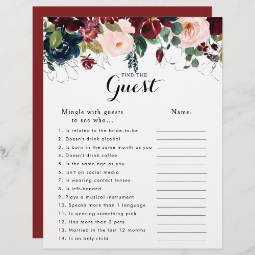 Fall Floral Bridal Shower Find the Guest Game