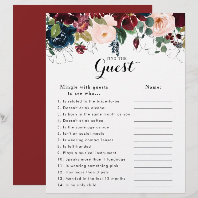 Fall Floral Bridal Shower Find the Guest Game (Front/Back)