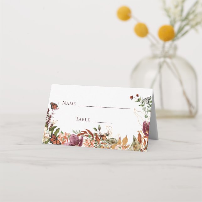 Fall Floral Bridal Shower Folded Place Card (Front)