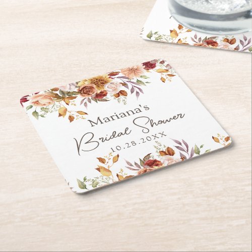 Fall Floral Bridal Shower Square Paper Coaster