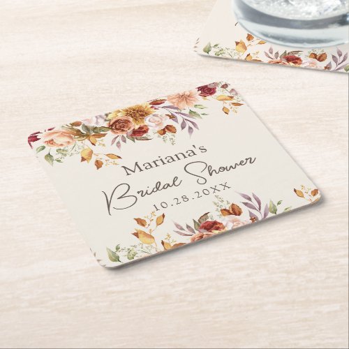 Fall Floral Bridal Shower Square Paper Coaster