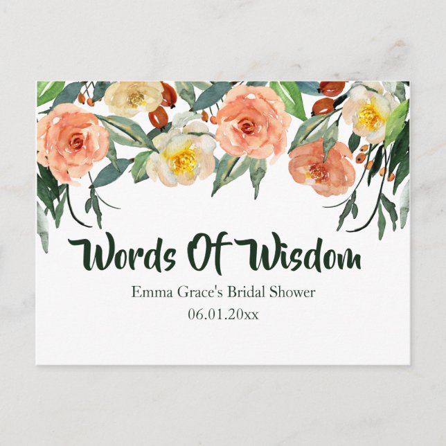Fall Floral Bridal Shower Words Of Wisdom Postcard (Front)