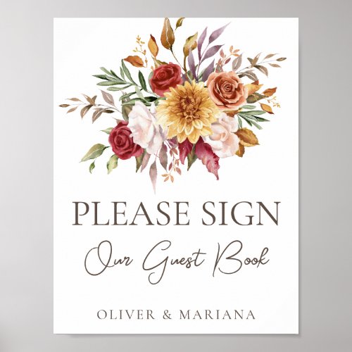 Fall Floral Brown on White Wedding Guest Book Sign