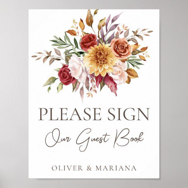 Fall Floral Brown on White Wedding Guest Book Sign (Front)