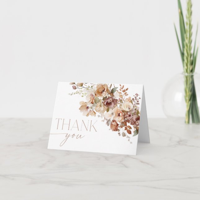 Fall floral brown tan boho flowers thank you card (Front)