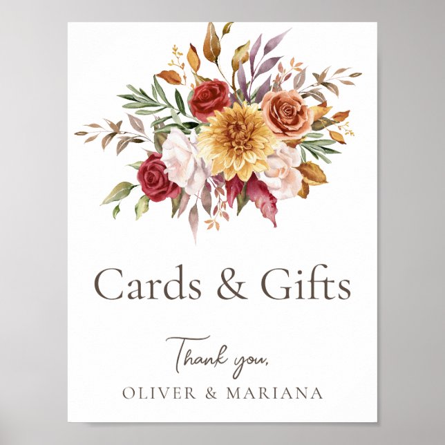 Fall Floral Brown White Wedding Cards & Gifts Sign (Front)