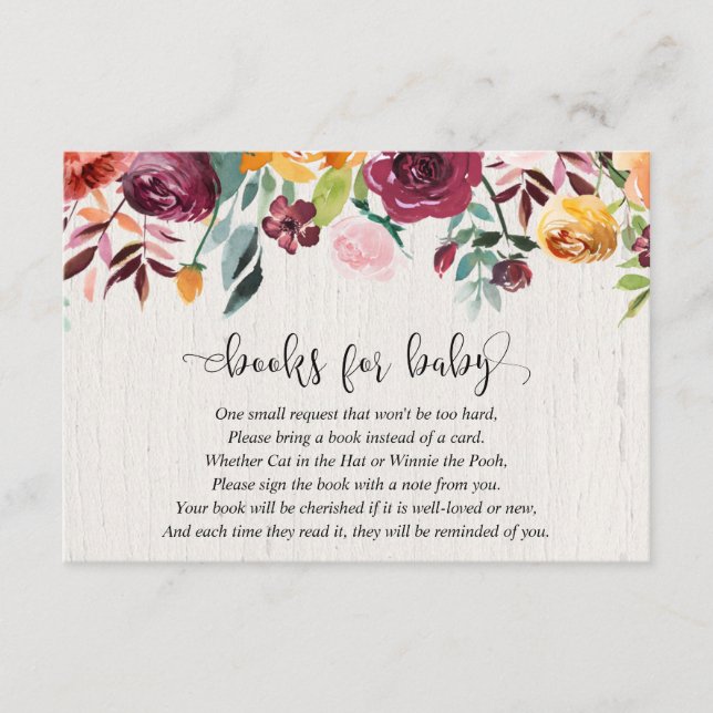 Fall floral burgundy baby shower book request enclosure card (Front)