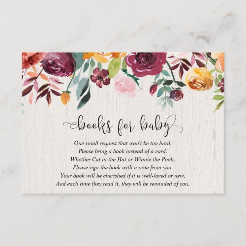Fall floral burgundy baby shower book request enclosure card
