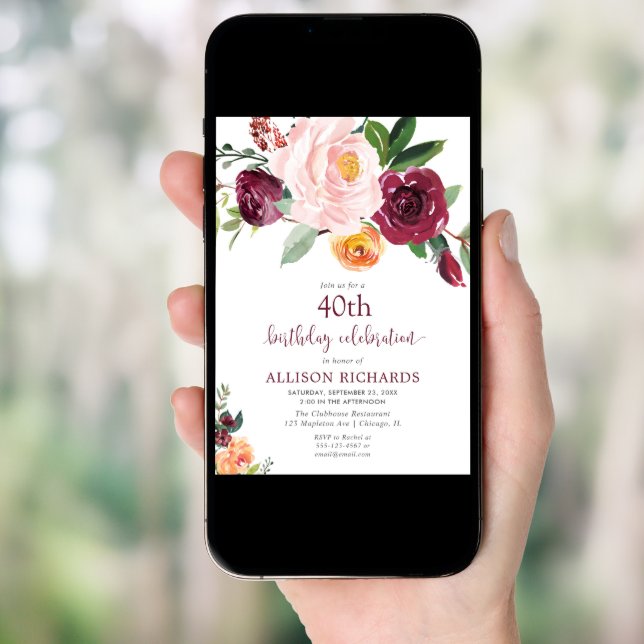 Fall floral burgundy blush pink birthday party invitation (Front Digital)