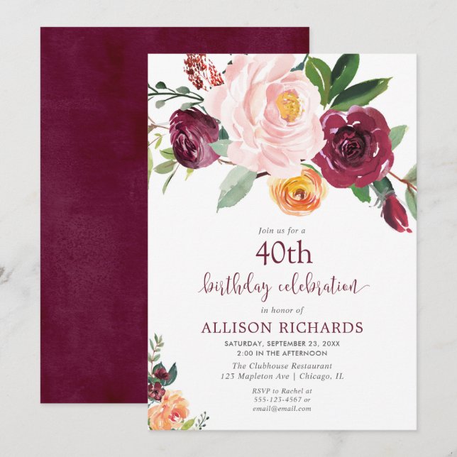Fall floral burgundy blush pink birthday party invitation (Front/Back)