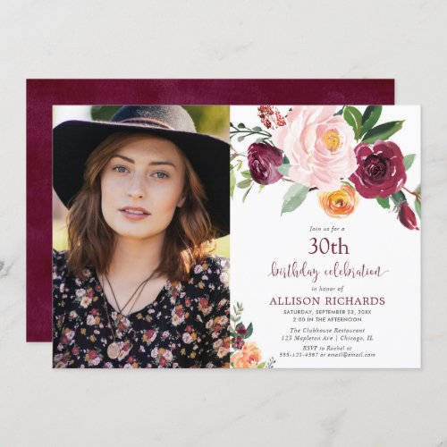 Fall floral burgundy blush pink birthday photo invitation