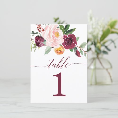 Fall floral burgundy blush pink table numbers