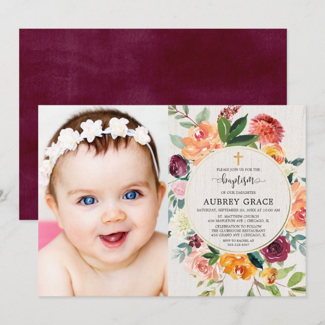 Fall floral burgundy blush rustic baptism photo invitation (Front/Back)