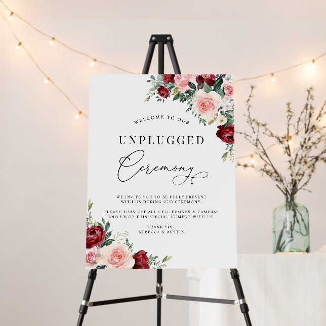 Fall Floral Burgundy Blush Unplugged Ceremony Sign (In Situ (Stand))