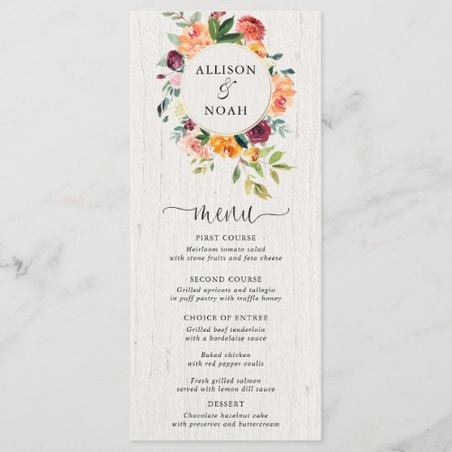 Fall floral burgundy blush watercolor rustic menu