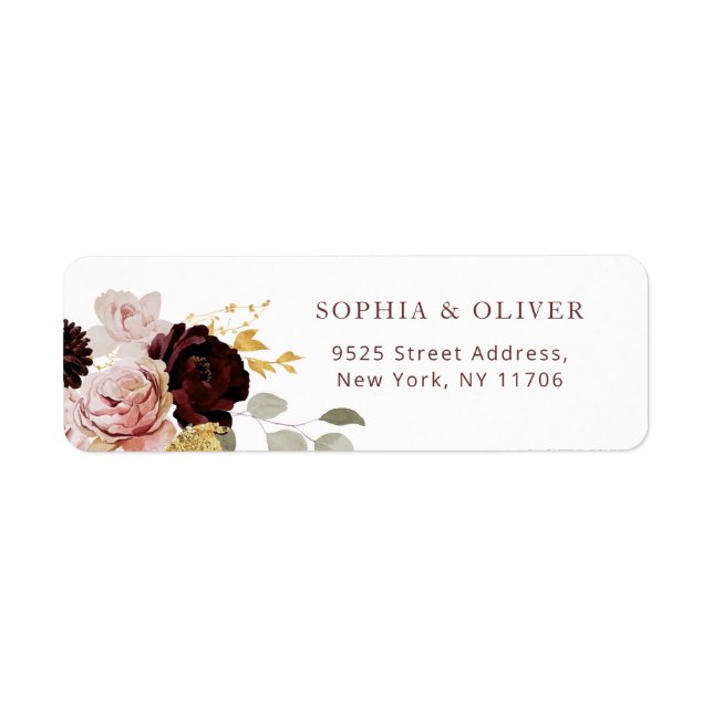 Fall floral burgundy gold return address label (Front)