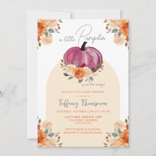 Fall Floral Burgundy Little Pumpkin Baby Shower Invitation