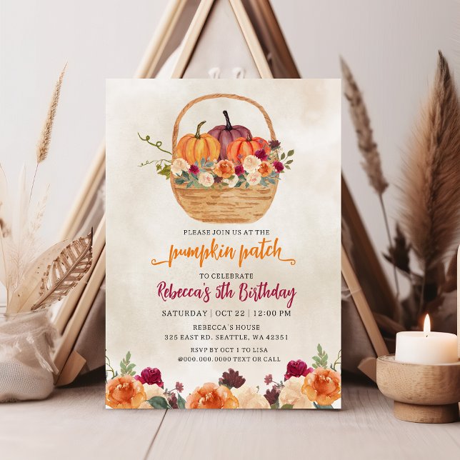 Fall Floral Burgundy Orange Pumpkin Patch Birthday Invitation (Fall Floral Burgundy Orange Pumpkin Patch Birthday Invitation)