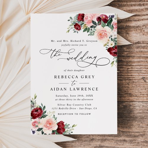 Fall Floral Burgundy Red  Blush Wedding Invitation