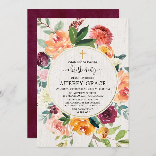 Fall floral burgundy rustic watercolor christening invitation
