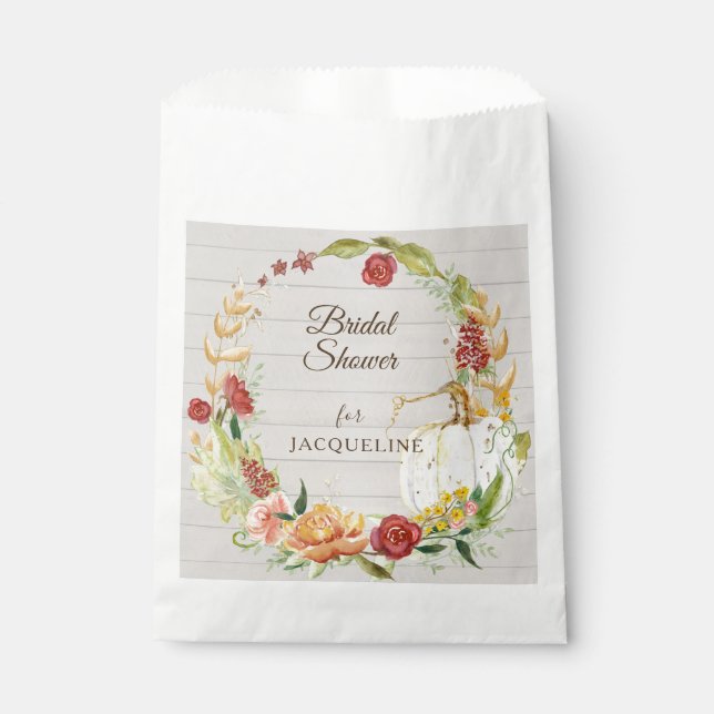 Fall Floral Burgundy White Pumpkin Bridal Shower Favor Bag (Front)