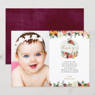 Fall floral burgundy white pumpkin thank you card