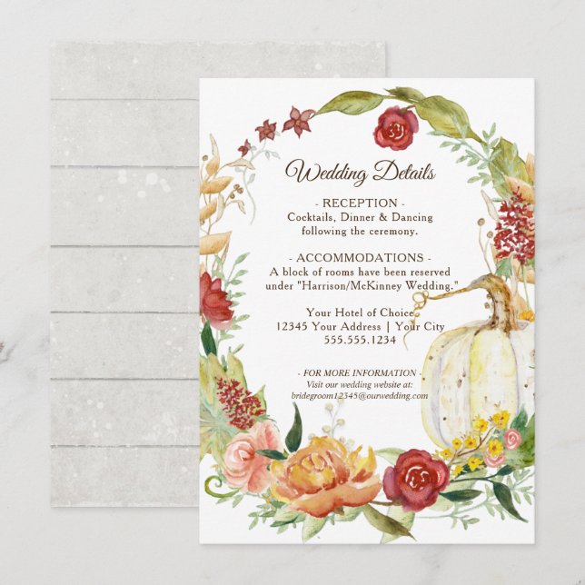 Fall Floral Burgundy White Pumpkin Wedding Details Invitation (Front/Back)