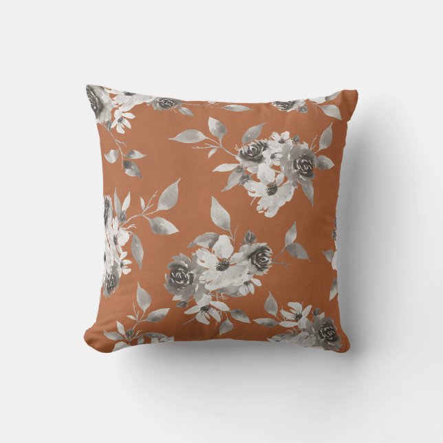 Fall Floral Burnt Orange and Sepia Pillow (Front)