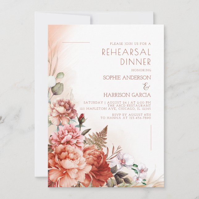 Fall Floral Burnt Orange Rehearsal Dinner Invitation (Front)