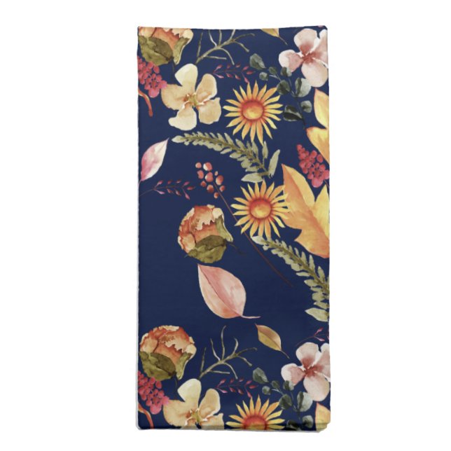 Fall Floral Celebration Navy Cloth Napkin (Folded)