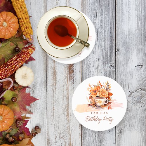 Fall Floral Cottage Core Teacup Birthday Tea Party Round Paper Coaster