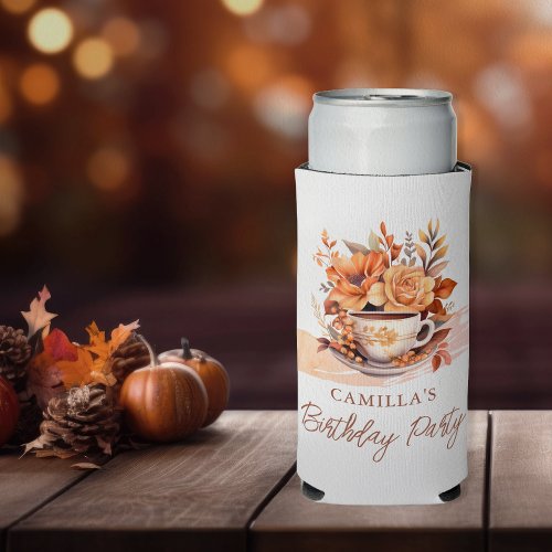 Fall Floral Cottage Core Teacup Birthday Tea Party Seltzer Can Cooler