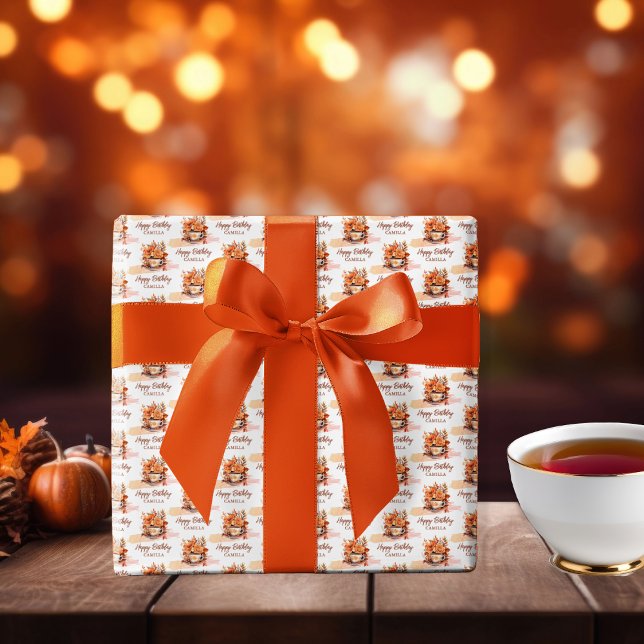 Fall Floral Cottage Core Teacup Happy Birthday  Wrapping Paper (Fall Floral Cottage Core Teacup Happy Birthday Wrapping Paper)