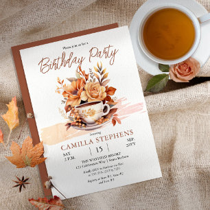Fall Floral Cottage Teacup Birthday Tea Party  Invitation