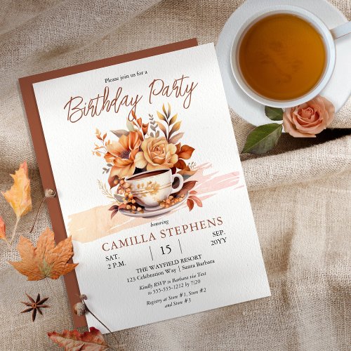 Fall Floral Cottage Teacup Birthday Tea Party  Invitation