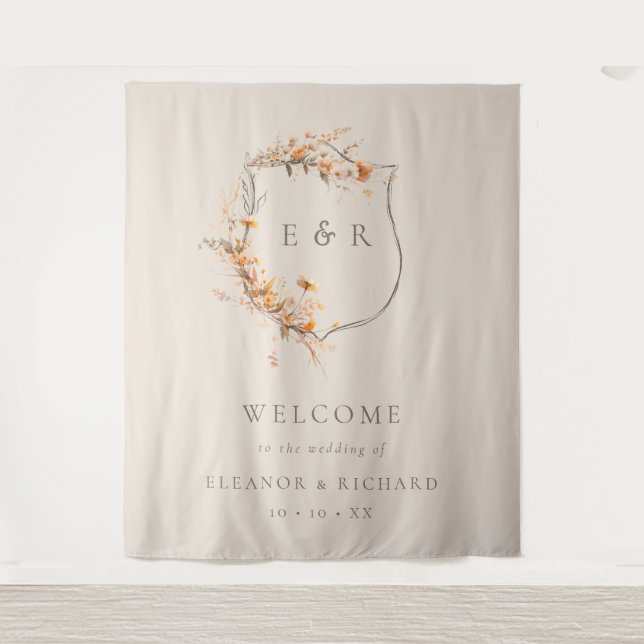  Fall Floral Crest Monogram Wedding Welcome Tapestry (Front)