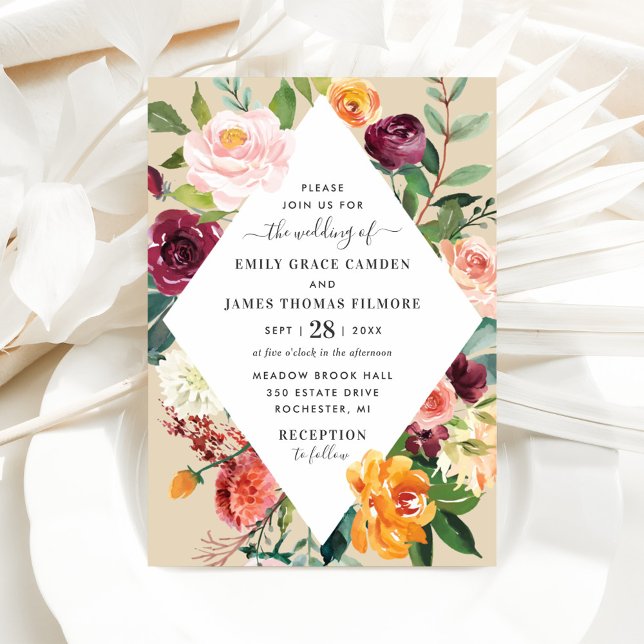 Fall Floral Diamond Frame Kraft Wedding Invitation (Creator Uploaded)